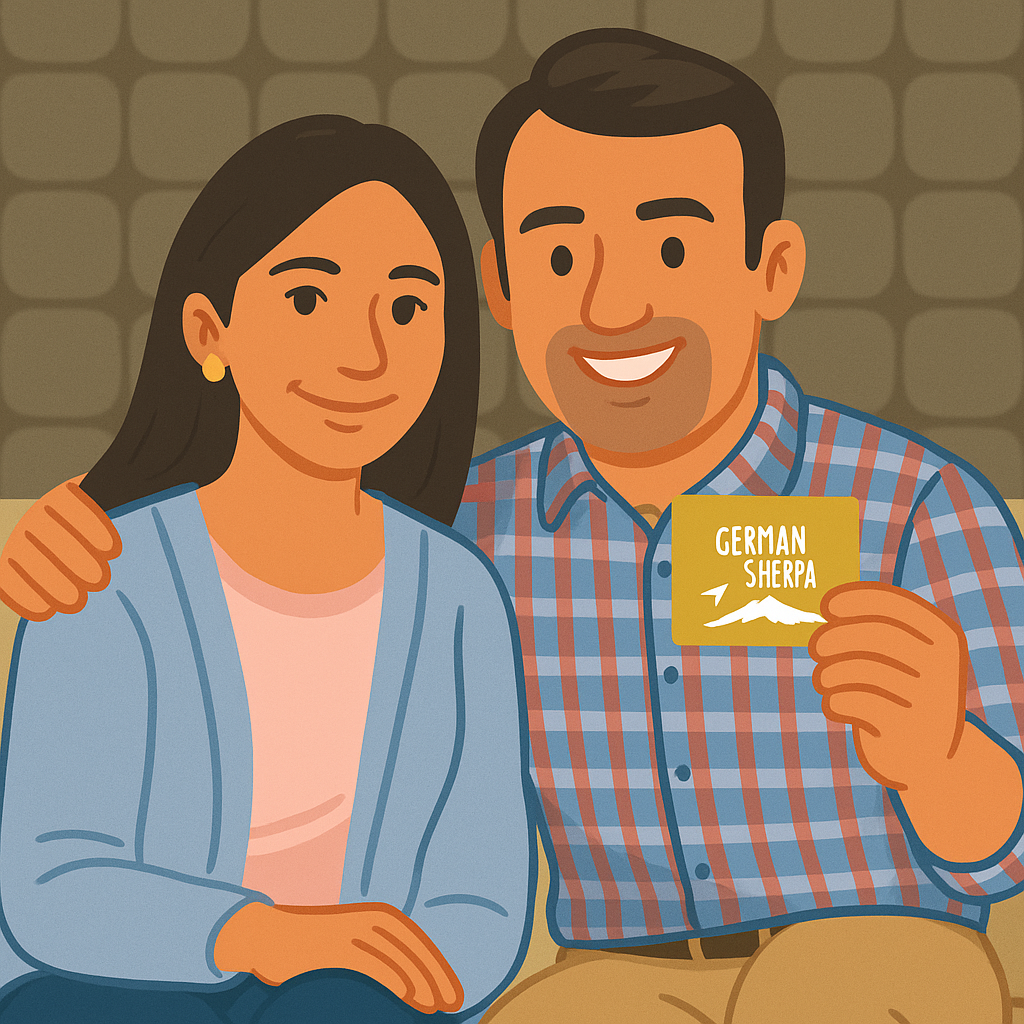 German Sherpa consult happy indian couple German Sherpa consult happy indian couple