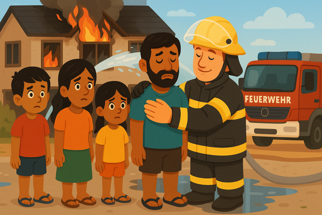 Household Insurance in Germany - A Firefighter supports family after fire at their house Household Insurance in Germany - A Firefighter supports family after fire at their house